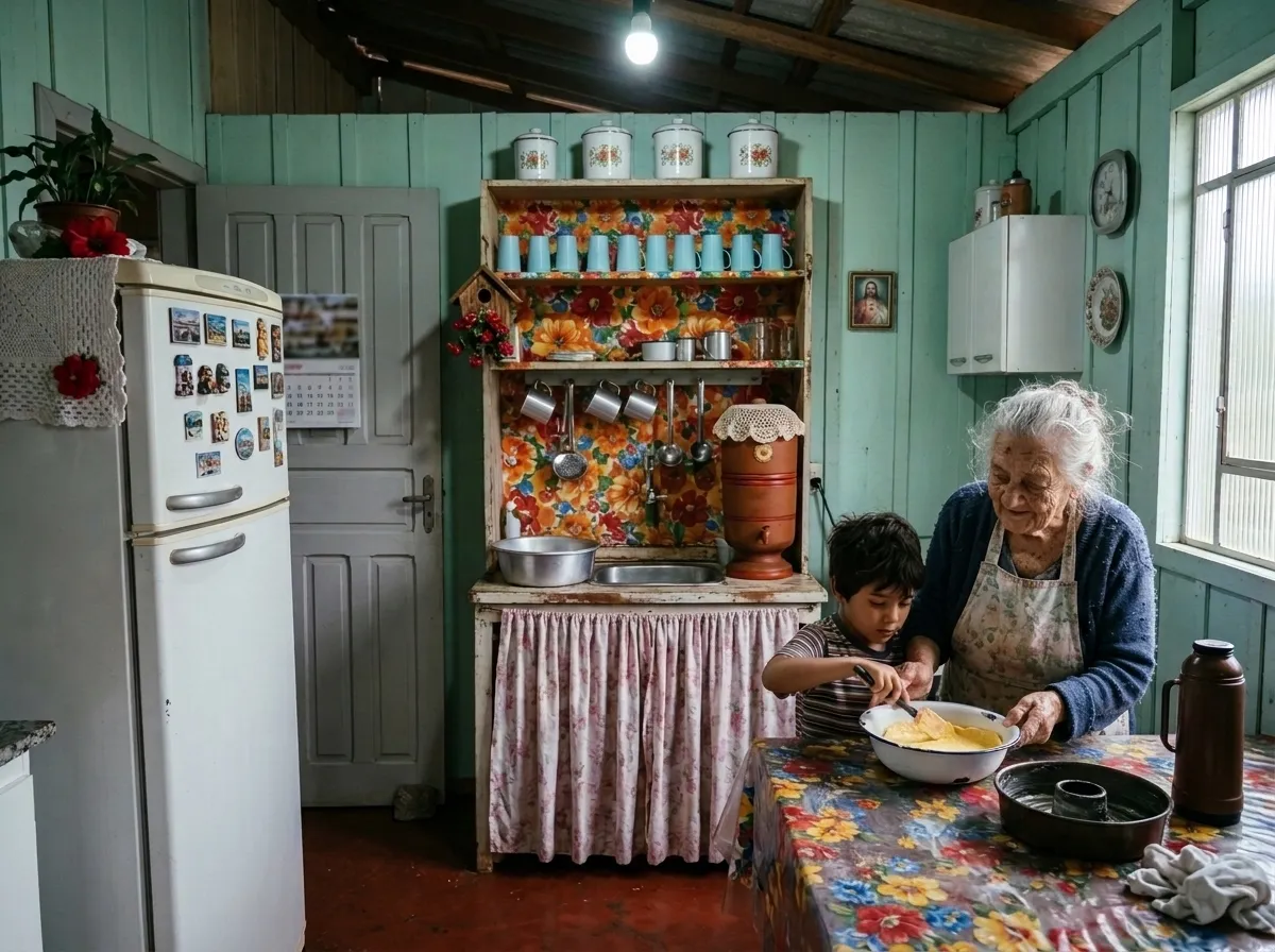 Avó de cabelo branco e o neto mexendo a massa numa tigela esmaltada, na mesa de oleado florido de uma cozinha de madeira verde-água, com geladeira antiga, filtro de barro e latas floridas na prateleira