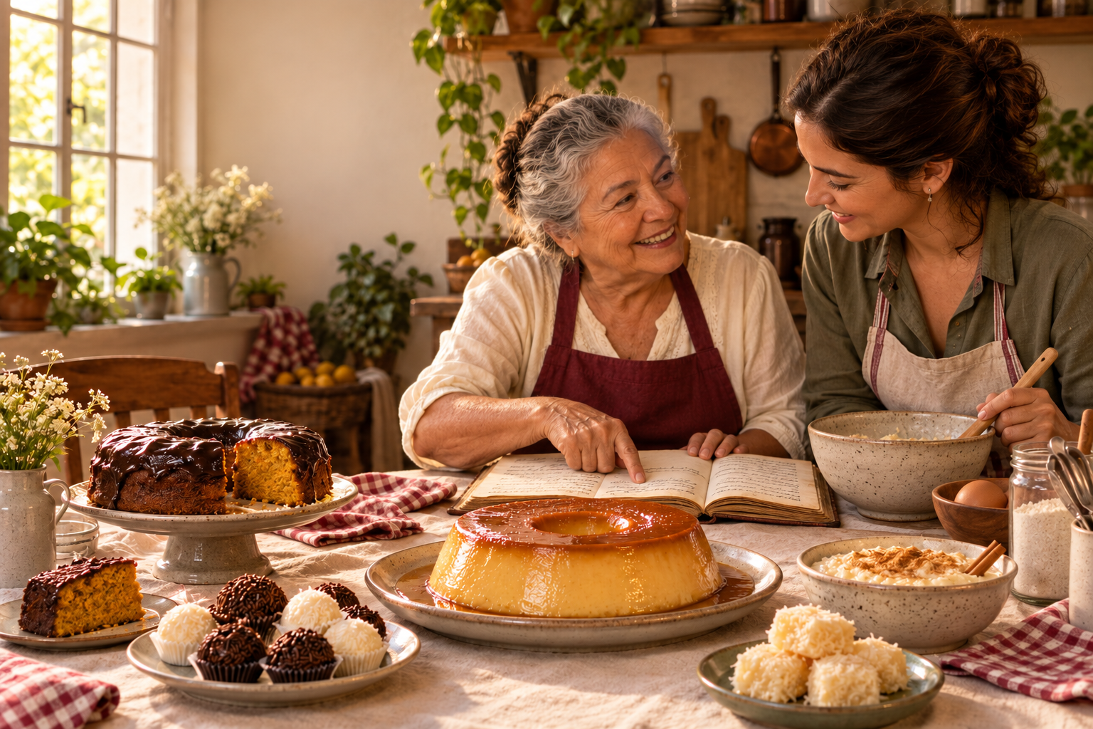 Cena ilustrativa de uma avó mostrando a receita no caderno enquanto uma mulher mais nova prepara a massa.